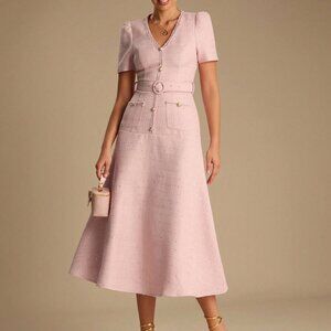 Pink Romantic Women's Elegant V Neck Sequin detailed midi Dress